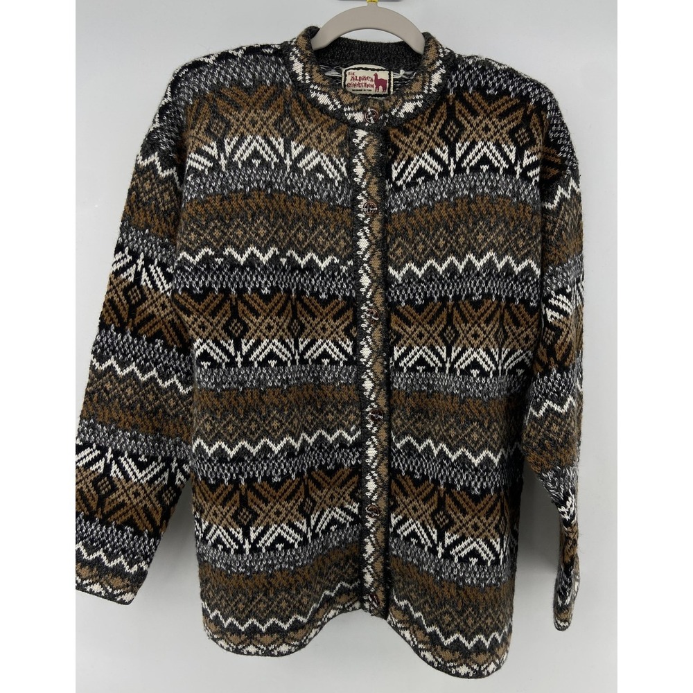 Vintage Alpaca Connection Sweater Womens Medium Cardigan Fair Isle Peru Brown
